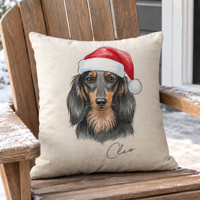 Custom Hand Drawn Christmas Dachshund Portrait Cushion (Dachshund Christmas Illustration Pet Name Throw Pillow)