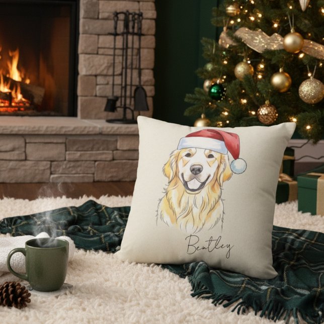 Custom Hand Drawn Christmas Golden Retriever Dog Cushion (Add a special touch to your home with this custom pet portrait throw pillow! )