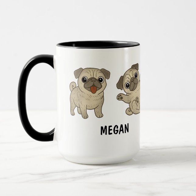 Custom Hand Drawn Cute Pug Dog Coffee Mug (Left)