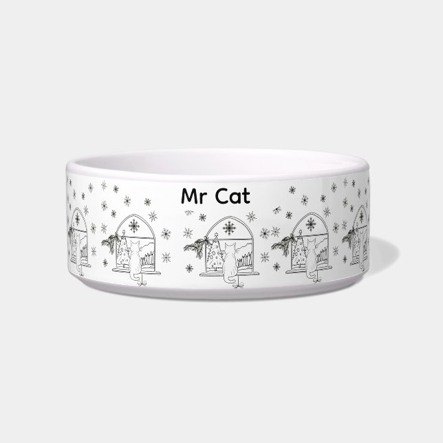 Custom hand drawn festive Christmas Holiday Cat Bowl (Front)