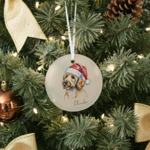 Custom Hand Drawn Golden Doodle Portrait and Name Glass Tree Decoration