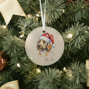 Custom Hand Drawn Golden Doodle Portrait and Name Glass Tree Decoration