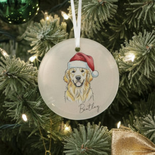 Custom Hand Drawn Golden Retriever Portrait Glass Tree Decoration