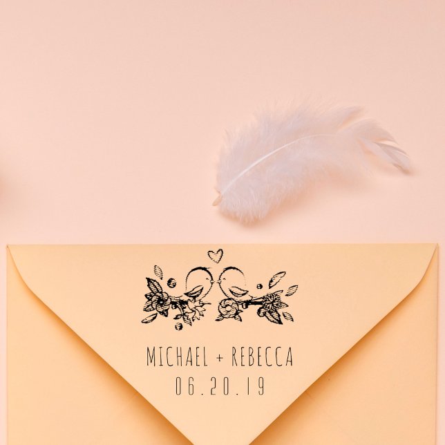 Custom Hand-drawn Love Birds Couple's Names Rubber Stamp (Creator Uploaded)