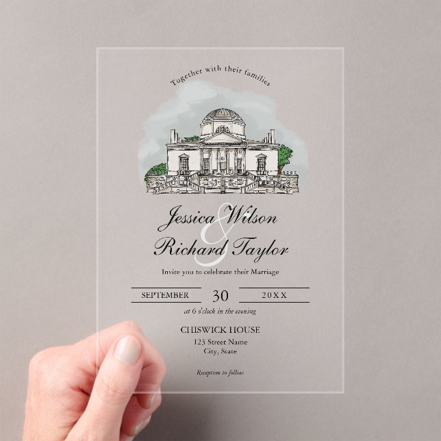 Custom Hand Drawn Venue Manor Illustration Wedding Acrylic Invitations (Insitu (Handheld))