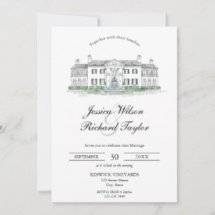 Custom Hand Drawn Venue Manor Illustration Wedding Invitation