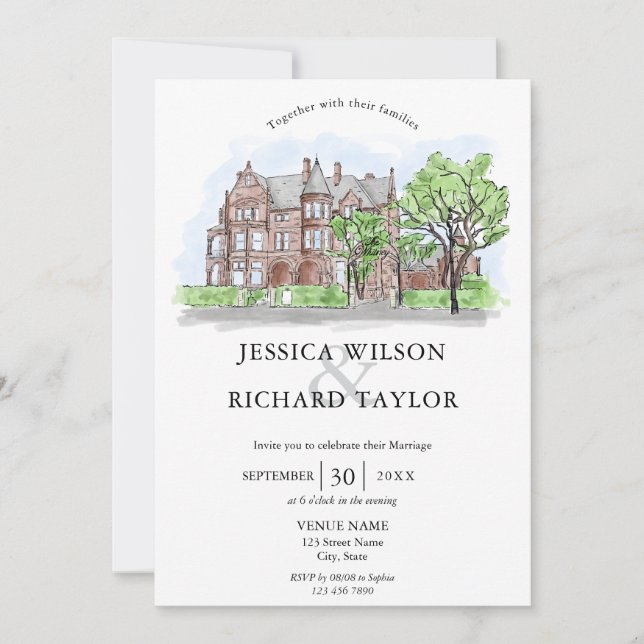 Custom Hand Drawn Venue Manor Illustration Wedding Invitation (Front)