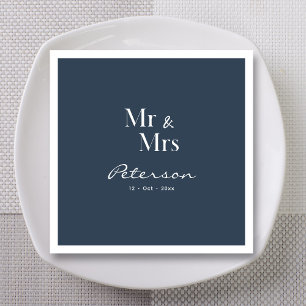 Custom Hand-Lettered Navy Blue Mr and Mrs Wedding Napkin