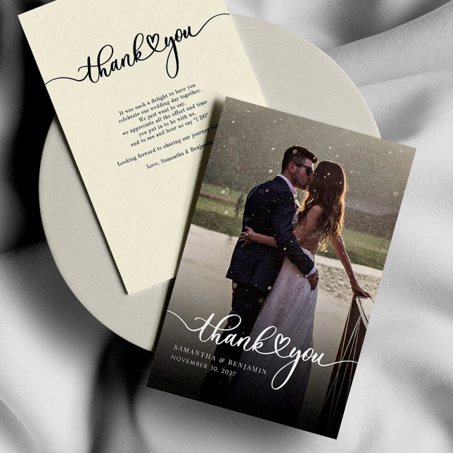 Custom Hand-Lettered Wedding Photo Thank You Card (Wedding Photo Script Typography Elegant Thank Note Card)