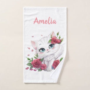 Custom Hand Towel - Cute Cat Cartoon with Flowers