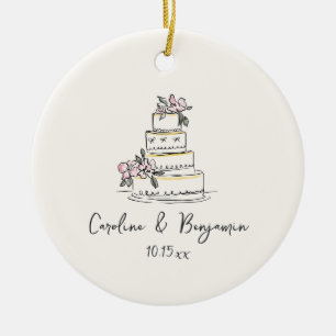 Custom Handwritten Blush Cream Doodle Wedding Cake Ceramic Ornament