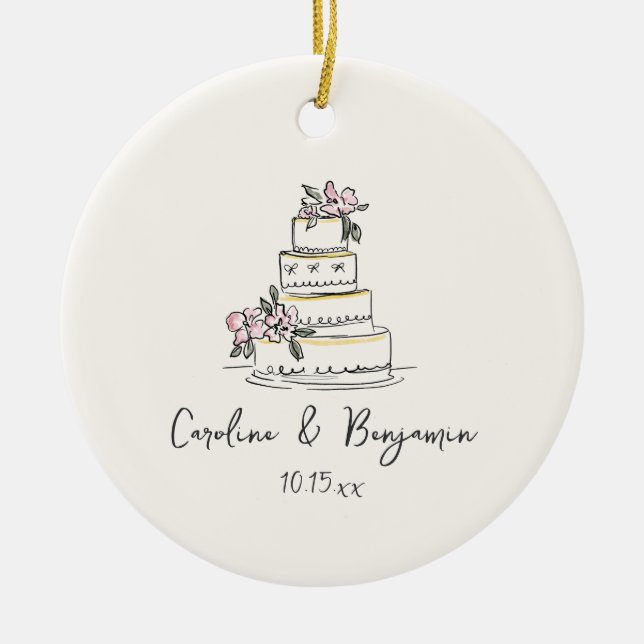 Custom Handwritten Blush Cream Doodle Wedding Cake Ceramic Ornament (Front)