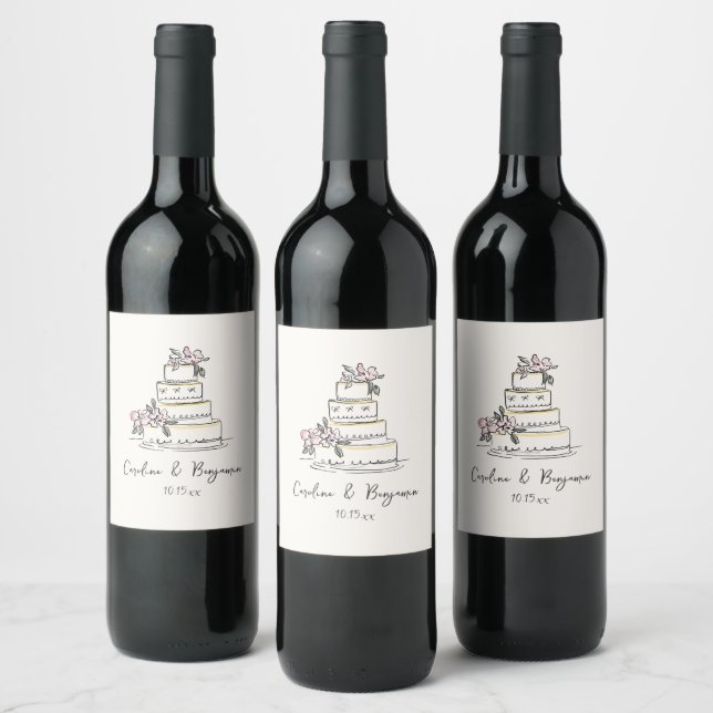 Custom Handwritten Blush Cream Doodle Wedding Cake Wine Label (Bottles)