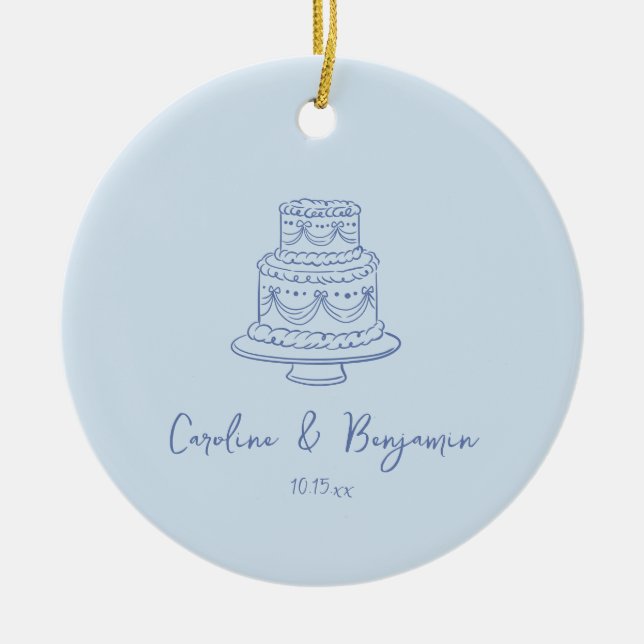 Custom Handwritten Cool Blue Doodle Wedding Cake Ceramic Ornament (Front)