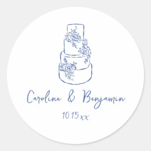 Custom Handwritten French Blue Doodle Wedding Cake Classic Round Sticker