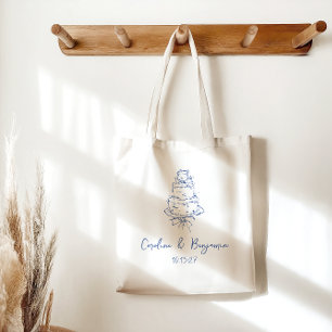 Custom Handwritten French Blue Doodle Wedding Cake Tote Bag
