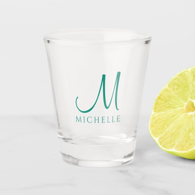 Custom Handwritten Initial Monogram Name Teal Shot Glass (Front)