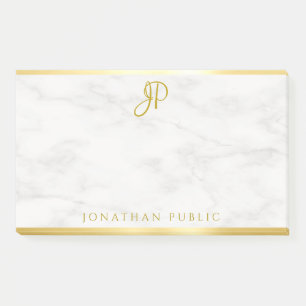 Custom Handwritten Monogram White Marble Gold Post-it Notes