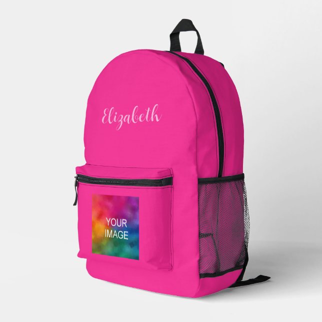 Custom Handwritten Script Name Pink Solid Colour Printed Backpack (Back Corner Right)