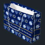 Custom Hanukkah Blue Menorah Dreidel Pattern Large Gift Bag<br><div class="desc">Beautiful personalised Hanukkah party gift bag in pretty blue with a cool pattern of Judaism star,  dreidel for fun Chanukah games,  and the Jewish menorah for the holiday. Custom gift bags for Hanukah.</div>