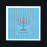 Custom Hanukkah | MENORAH Paper Napkin<br><div class="desc">Custom Hanukkah MENORAH Paper Napkins. Elegant sky blue MENORAH Paper Napkins, showing with faux silver grey menorah in a tiled pattern. At the centre, there is an image of a large menorah which is CUSTOMIZABLE, so you can upload your own image. Underneath, the text reads CHAG SAMEACH. This is also...</div>