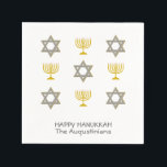 Custom Hanukkah Paper Napkin<br><div class="desc">Elegant HAPPY HANUKKAH can cooler, showing faux gold and silver STAR OF DAVID and MENORAH in a tiled pattern. Text reads HAPPY HANUKKAH with a placeholder name, and is CUSTOMIZABLE, so you can PERSONALIZE it by adding your name or other text. Ideal for Hanukkah celebrations, and with customisation can be...</div>