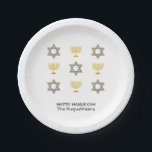 Custom Hanukkah Paper Plate<br><div class="desc">Elegant HAPPY HANUKKAH paper plates showing faux gold and silver STAR OF DAVID and MENORAH in a tiled pattern against a plain white background. Text reads HAPPY HANUKKAH with a placeholder name, and is CUSTOMIZABLE, so you can PERSONALIZE it by adding your name or other text. Ideal for Hanukkah celebrations,...</div>