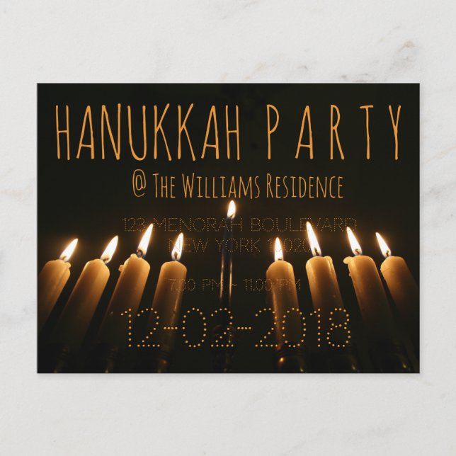 Custom Hanukkah Party Invitation Menorah Candle Postcard (Front)