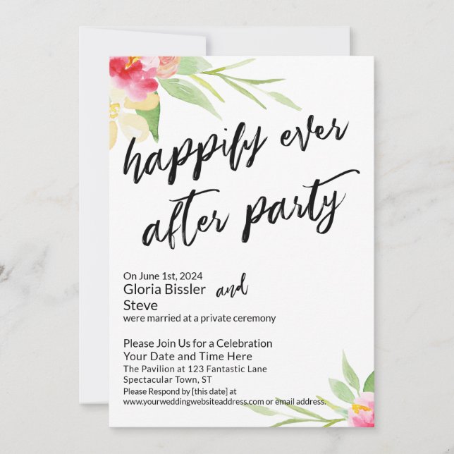 Custom Happily Ever After Party Floral Handwriting Invitation (Front)