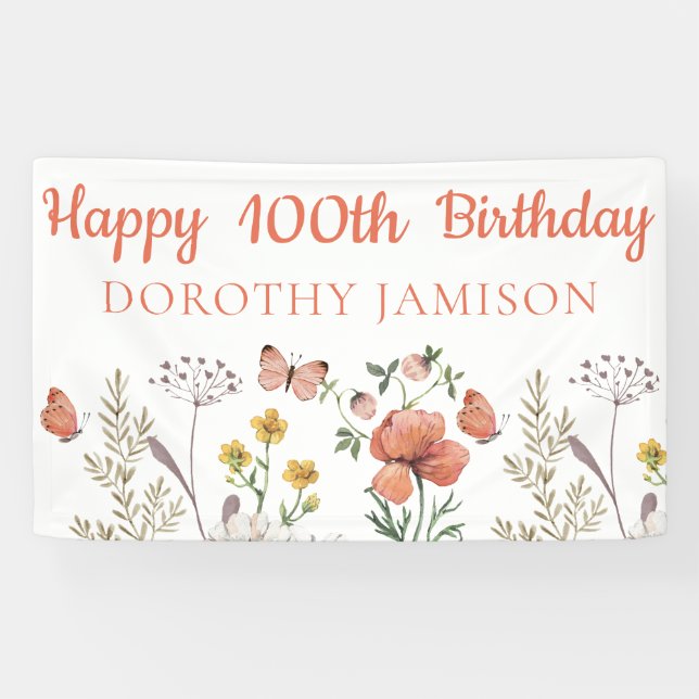 Custom Happy 100th Birthday Wildflowers Banner (Horizontal)