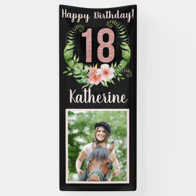 Custom Happy 18th Birthday Pink Glitter Photo Banner (Vertical)