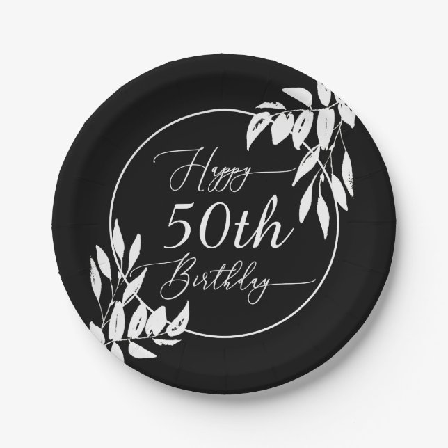 Custom Happy 50th Birthday Black & White Botanical Paper Plate (Front)