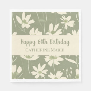Custom Happy 60th Birthday Modern Green Wildflower Napkin