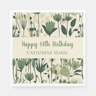 Custom Happy 60th Birthday Modern Green Wildflower Napkin