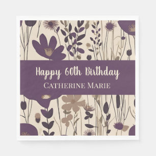 Custom Happy 60th Birthday Modern Purple Flower Napkin
