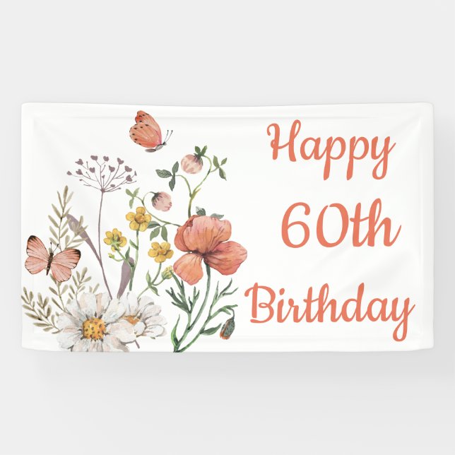 Custom Happy 60th Birthday Wildflowers Banner (Horizontal)