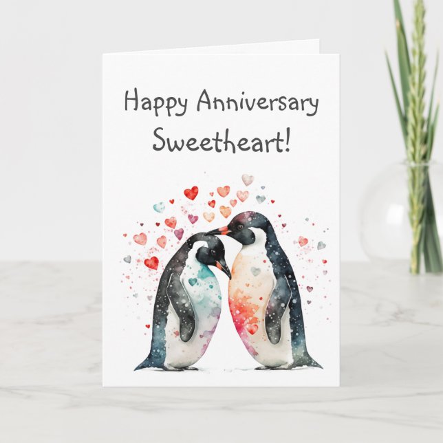Custom Happy Anniversary Sweetheart Cute Penguins Card (Front)