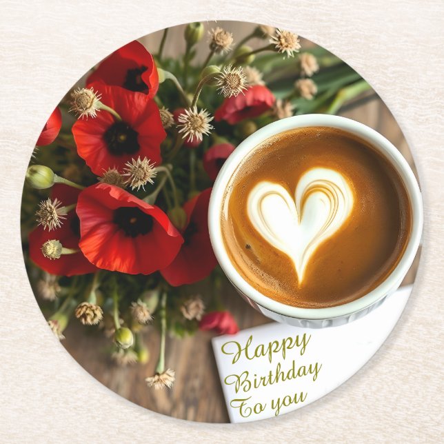 Custom Happy Birthday Coffee Cup with Heart Round Paper Coaster (Front)