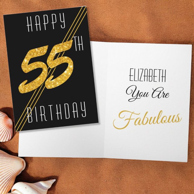 Custom Happy Birthday Gold Glitter 55 Years Old Card (55th birthday folding card cover and inside template greeting)