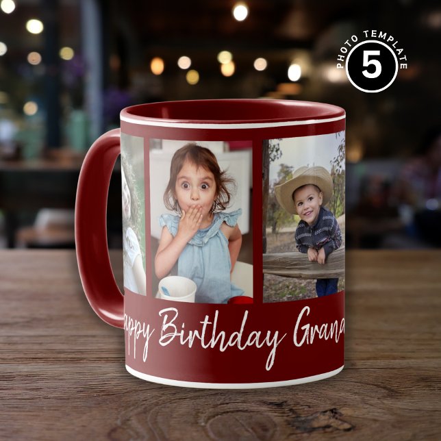 Custom Happy Birthday Grandma Five Photo Maroon  Mug (Creator Uploaded)