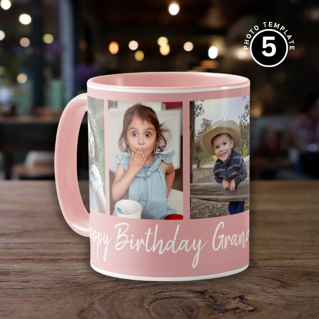 Custom Happy Birthday Grandma Five Photo Pink  Mug (Creator Uploaded)
