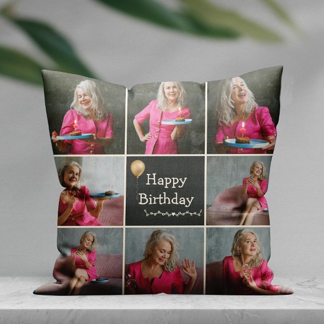Custom Happy Birthday Photo Collage Throw Pillow (Creator Uploaded)