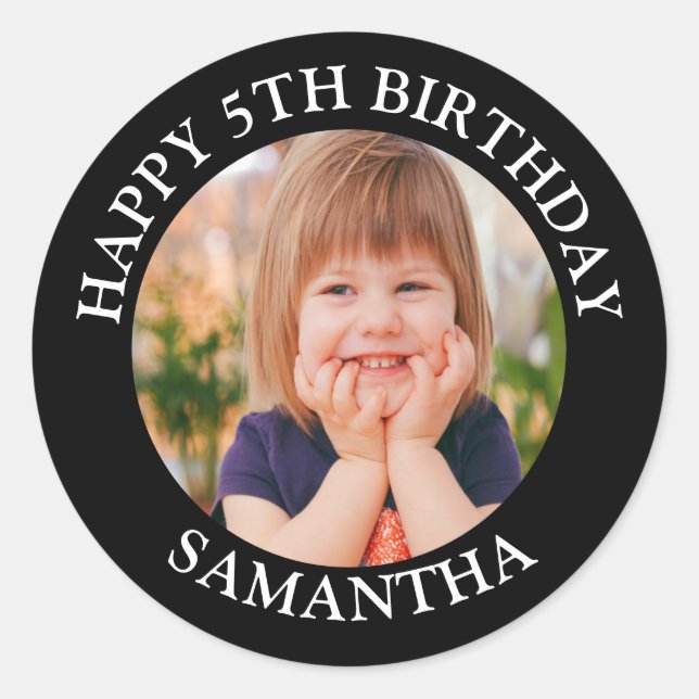 Custom Happy Birthday Photo Name Age  Classic Round Sticker (Front)
