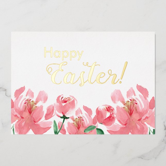 Custom Happy Easter Floral Peonies Real Gold  Foil Holiday Card (Front)