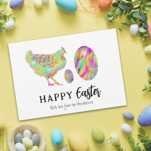 Custom Happy Easter Hen & Eggs Colourful Watercolo Holiday Card