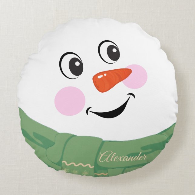 Custom Happy fun Snowman with Green Scarf round Round Cushion (Front)