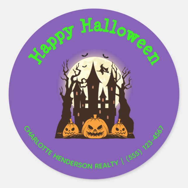 Custom Happy Halloween Haunted House Classic Round Sticker (Front)