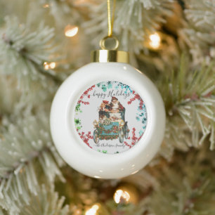 Custom Happy Holidays Chic Rustic Vintage Ephemera Ceramic Ball Christmas Ornament