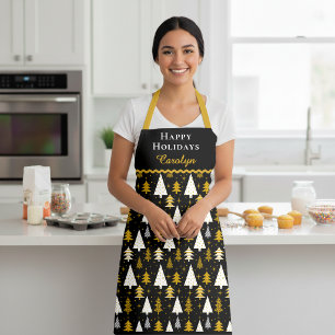 Custom Happy Holidays Christmas Trees Gold Black Apron