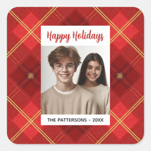 Custom Happy Holidays Fun Plaid Red Green Photo Square Sticker